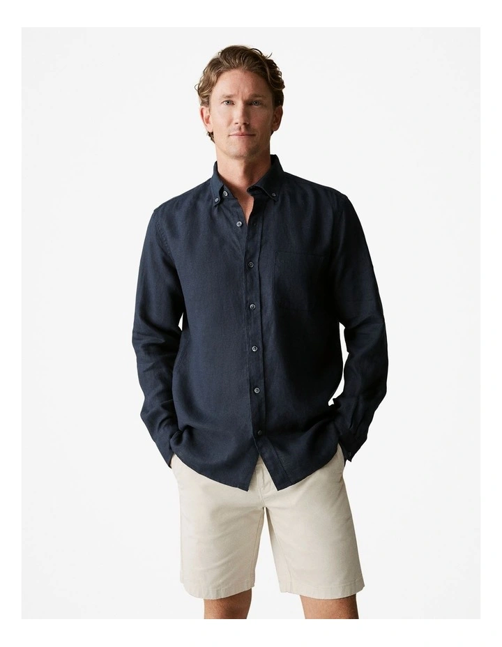 Regular Fit Linen Long Sleeve Shirt in Navy image 1