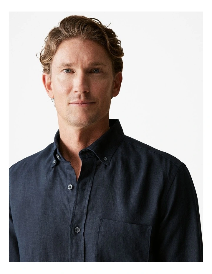 Regular Fit Linen Long Sleeve Shirt in Navy image 3
