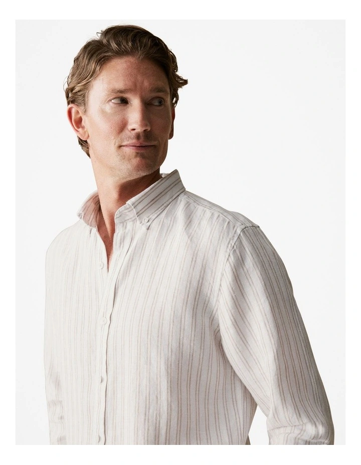 Trenery Regular Fit Linen Stripe Shirt In Flax MYER