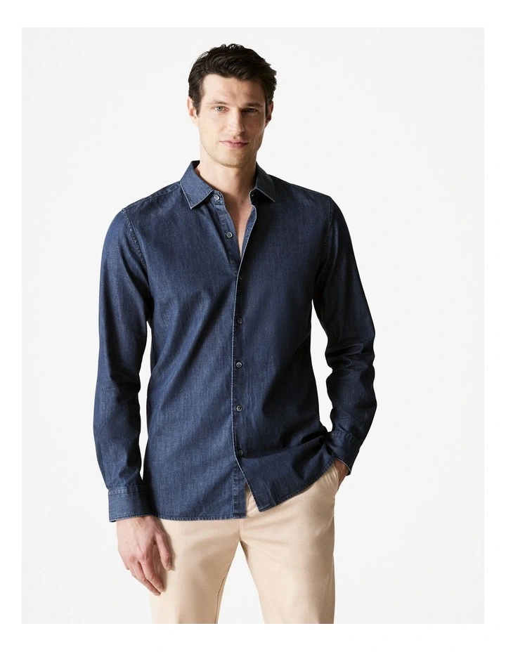 Tailored Fit Cotton Denim Shirt in Dark Indigo image 1