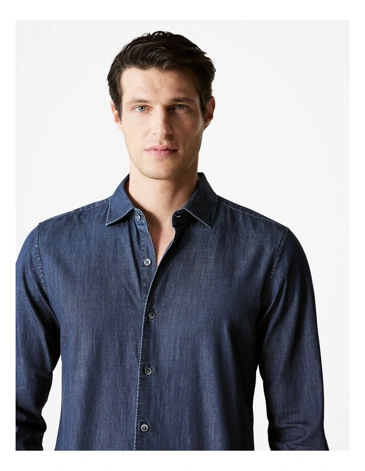 Tailored Fit Cotton Denim Shirt in Dark Indigo image 3