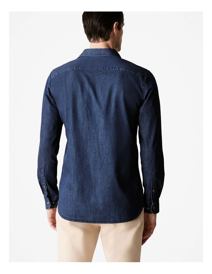 Tailored Fit Cotton Denim Shirt in Dark Indigo image 4