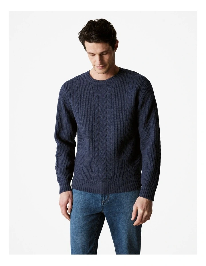 Wool Cable Knit Crew in Denim image 1