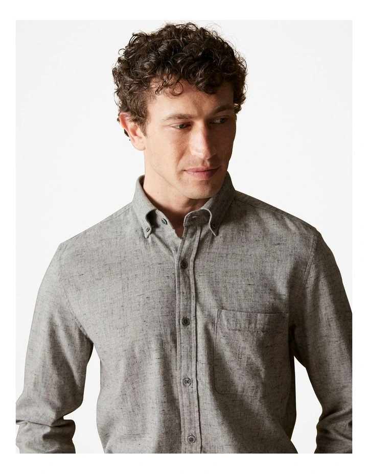 Regular Fit Brushed Cotton Flecked Shirt in Grey Marle image 3