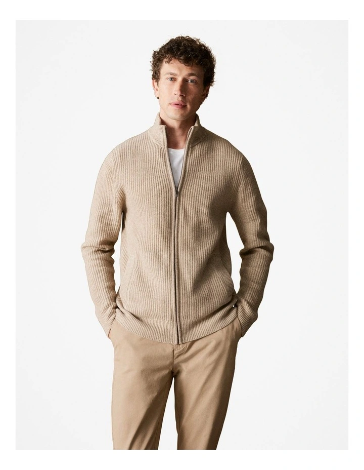 Merino Plaited Rib Zip Through Cardigan in Oatmeal image 1