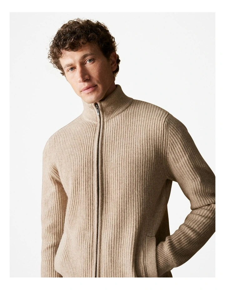 Merino Plaited Rib Zip Through Cardigan in Oatmeal image 3
