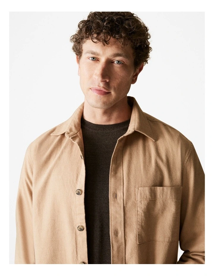 Regular Fit Cotton Tonal Twill Shirt in Camel image 3