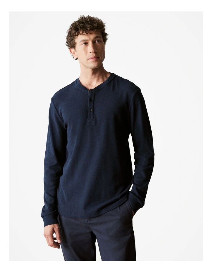 Australian Cotton Waffle Henley in Navy image 1