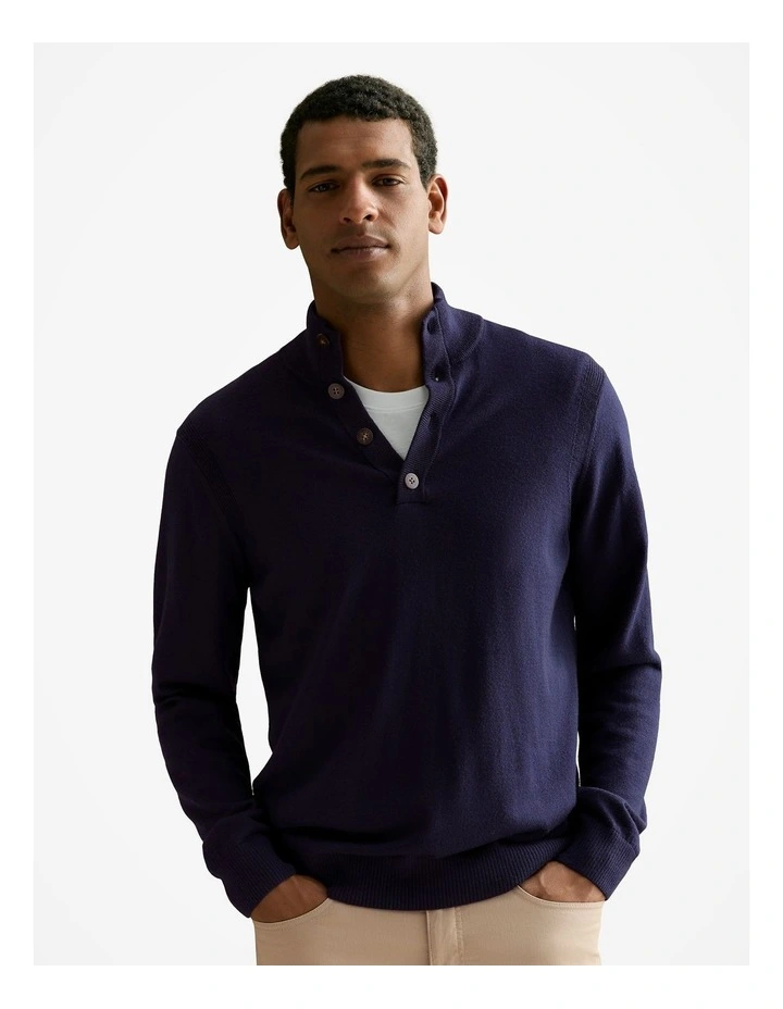 Merino Half Placket Pullover in Navy image 1