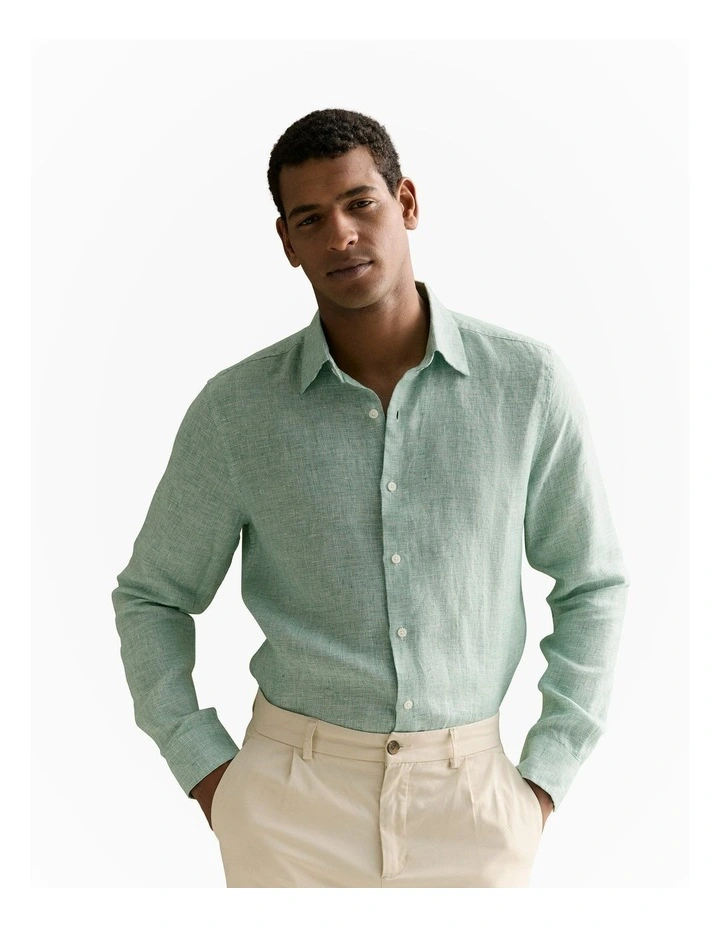 Tailored Fit Basketweave Linen Shirt in Racing Green image 1