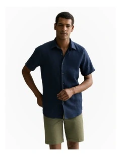 Regular Fit Linen Short Sleeve Shirt in Navy