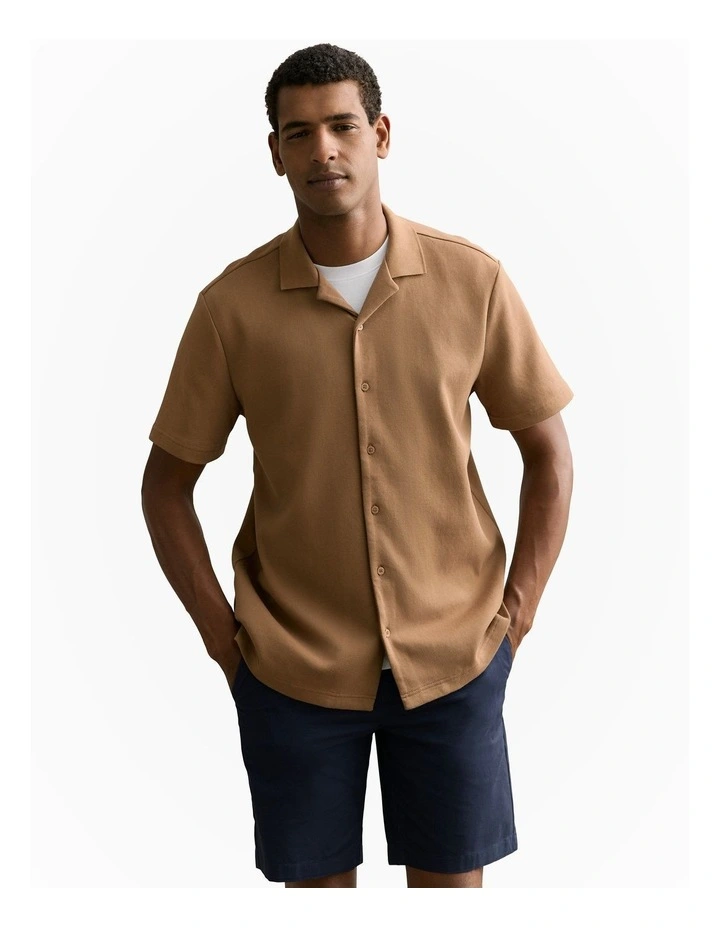 Regular Fit Cotton Blend Pique Shirt in Cognac image 1