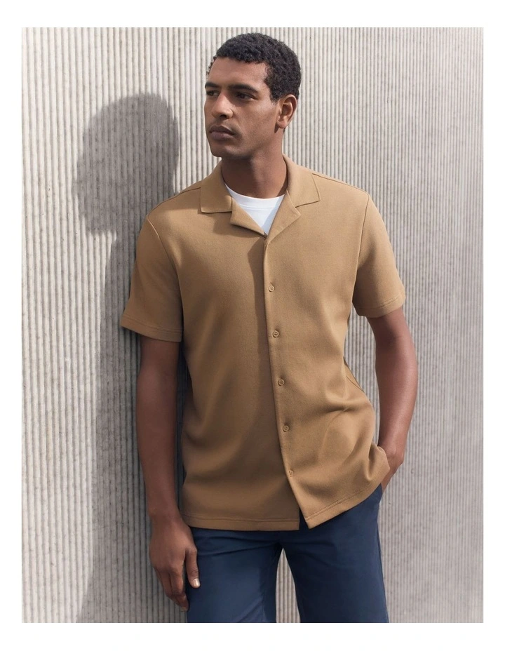 Regular Fit Cotton Blend Pique Shirt in Cognac image 2