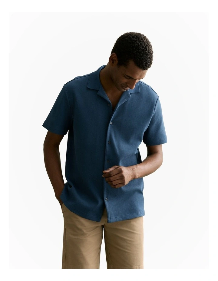 Regular Fit Cotton Blend Pique Shirt in Washed Navy image 1