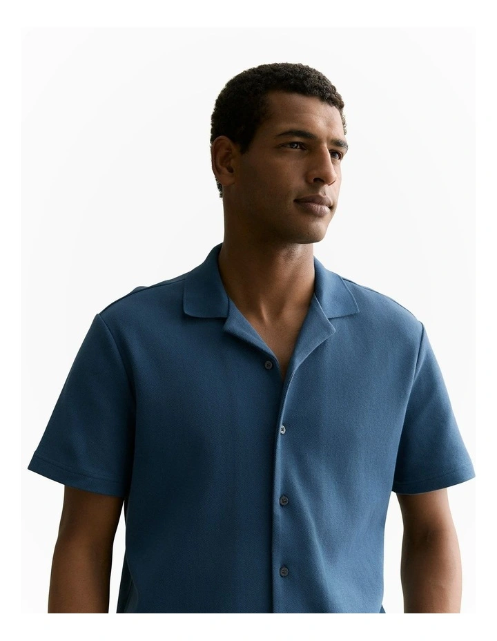 Regular Fit Cotton Blend Pique Shirt in Washed Navy image 3