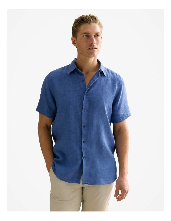 Regular Fit Delave Linen Short Sleeve Shirt in Mineral Blue image 1
