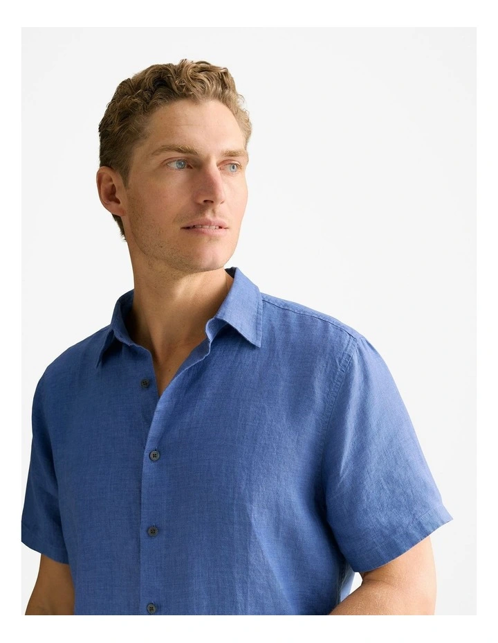 Regular Fit Delave Linen Short Sleeve Shirt in Mineral Blue image 3