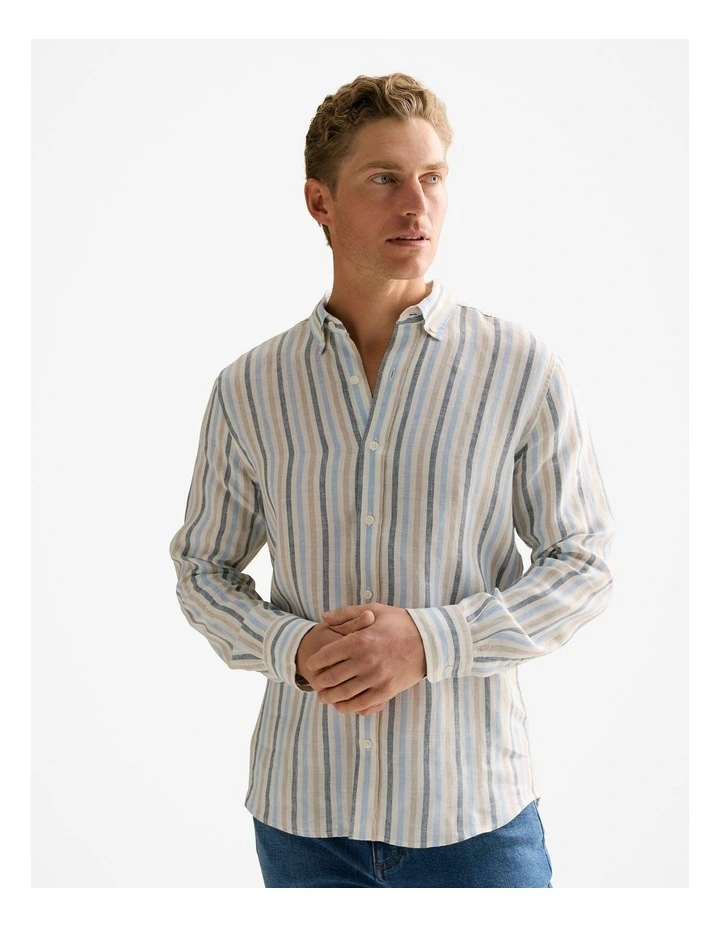 Regular Fit Linen Multi Stripe Shirt in Petrol Blue image 1