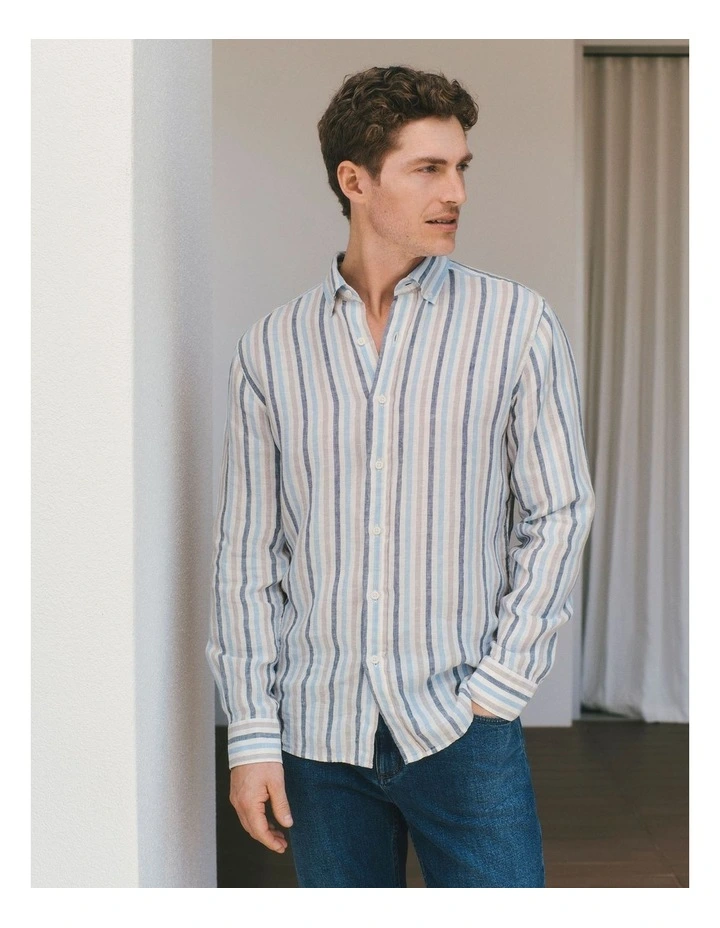 Regular Fit Linen Multi Stripe Shirt in Petrol Blue image 2