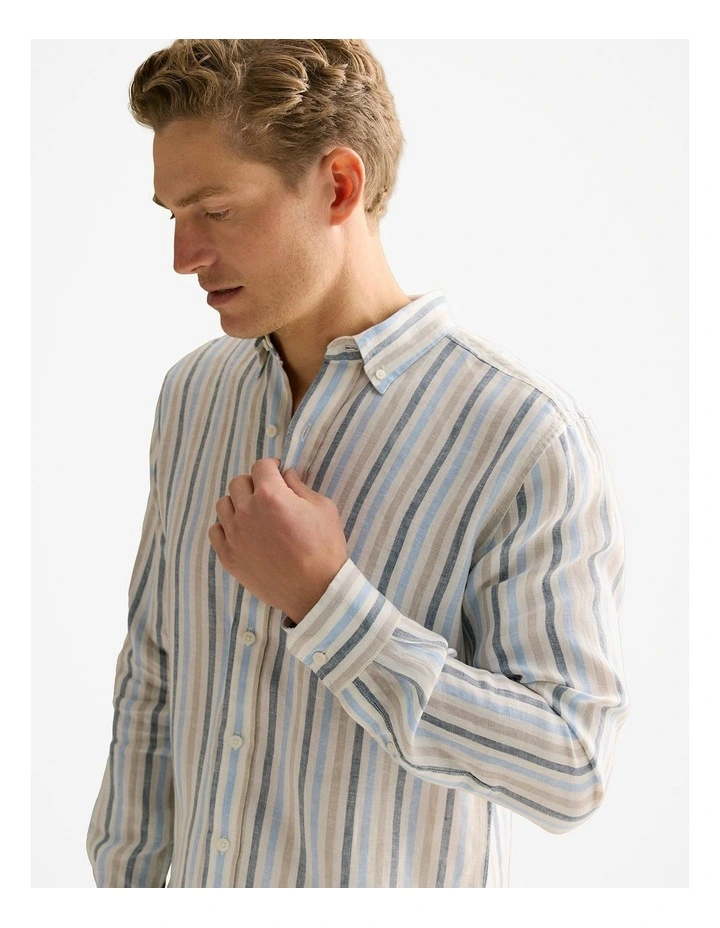 Regular Fit Linen Multi Stripe Shirt in Petrol Blue image 3