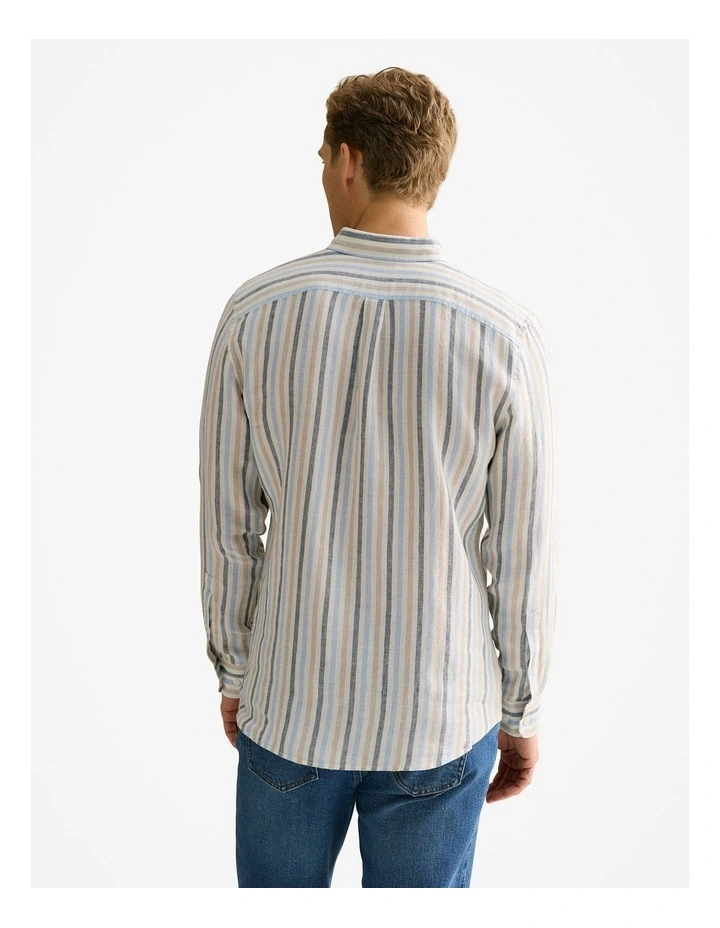 Regular Fit Linen Multi Stripe Shirt in Petrol Blue image 4