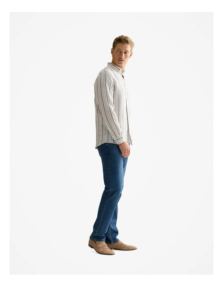 Regular Fit Linen Multi Stripe Shirt in Petrol Blue image 5