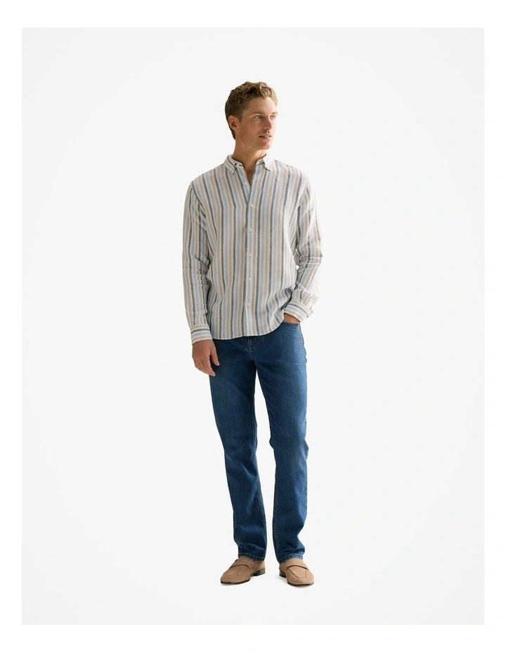 Regular Fit Linen Multi Stripe Shirt in Petrol Blue image 6