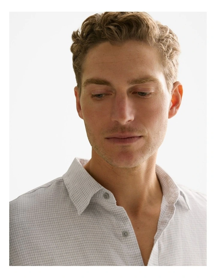 Regular Fit Yarn Dyed Linen Puppytooth Shirt in Cement image 3