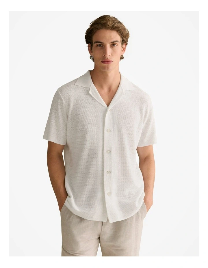 Cotton Linen Textured Knit Shirt in White image 1