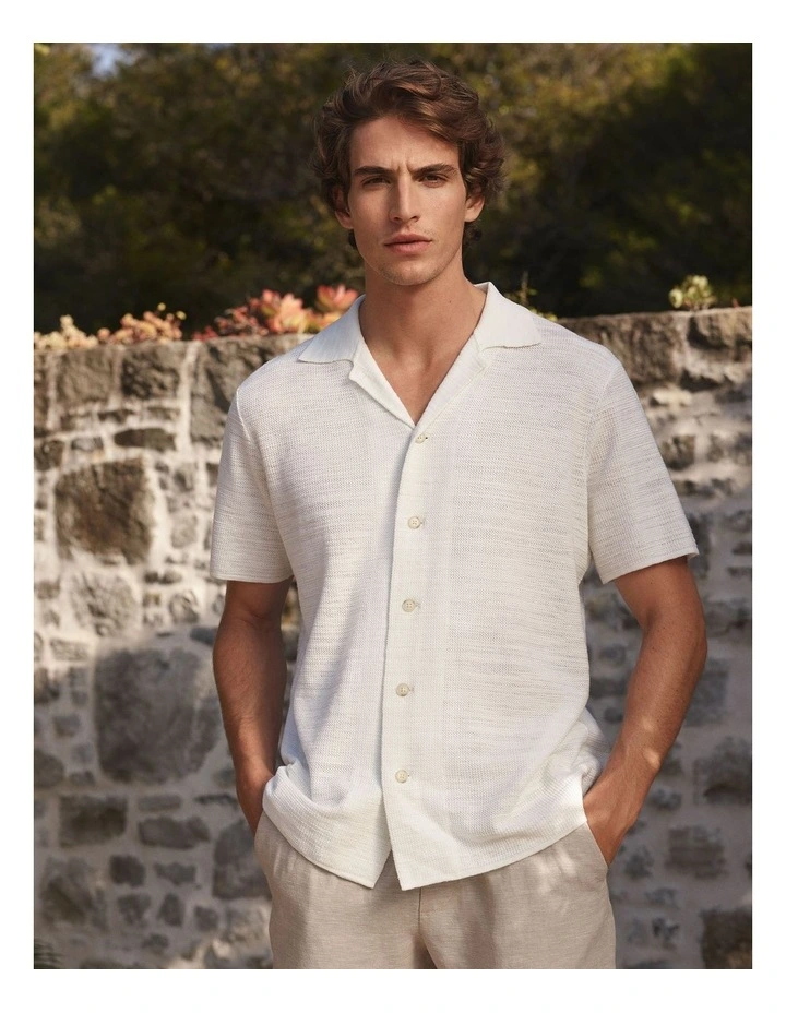 Cotton Linen Textured Knit Shirt in White image 2