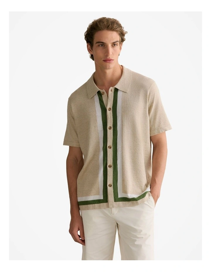 Linen Cotton Graphic Knit Shirt in Natural image 1
