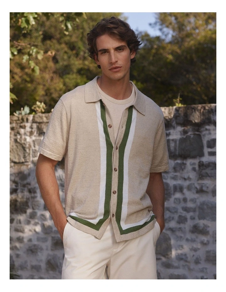 Linen Cotton Graphic Knit Shirt in Natural image 2