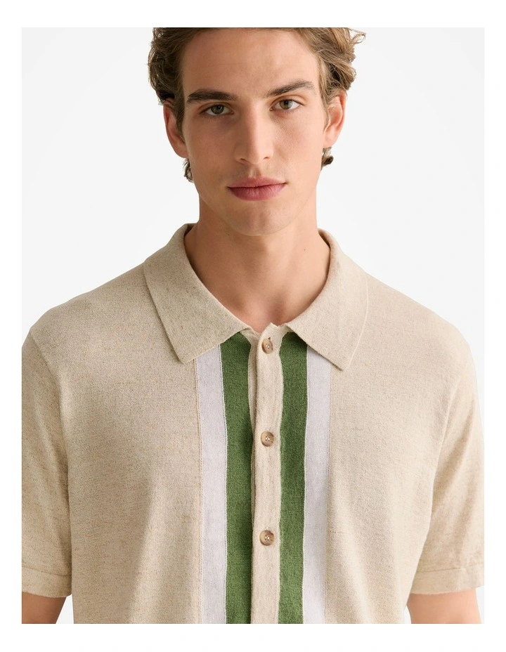 Linen Cotton Graphic Knit Shirt in Natural image 3