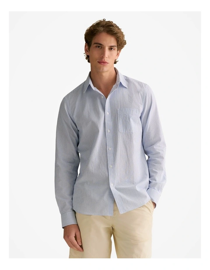 Regular Fit Seersucker Stripe Shirt in Wedgewood Blue image 1