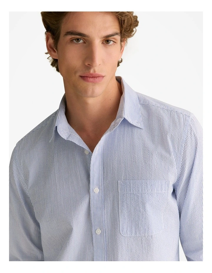 Regular Fit Seersucker Stripe Shirt in Wedgewood Blue image 2