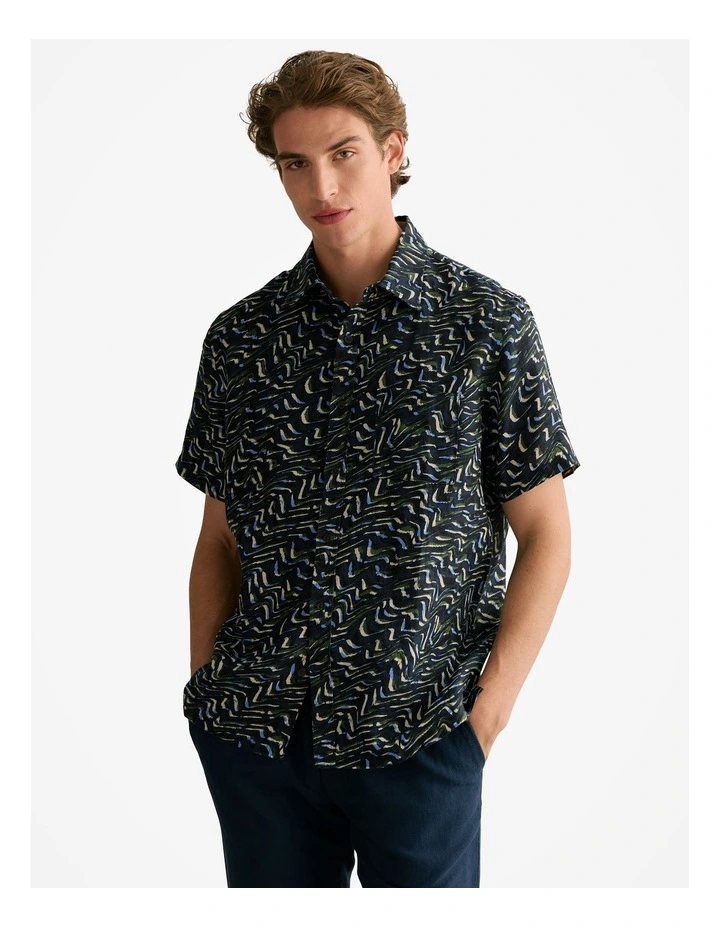 Regular Fit Linen Wave Print Short Sleeve Shirt in Navy image 1