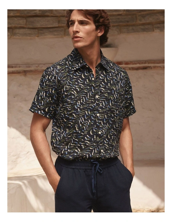 Regular Fit Linen Wave Print Short Sleeve Shirt in Navy image 2