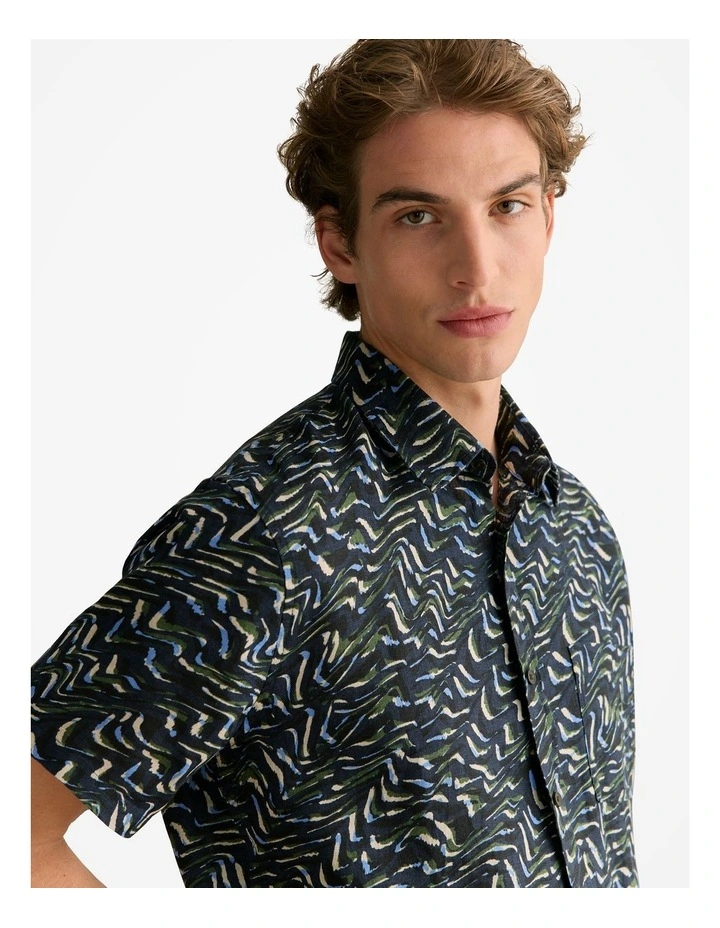Regular Fit Linen Wave Print Short Sleeve Shirt in Navy image 3