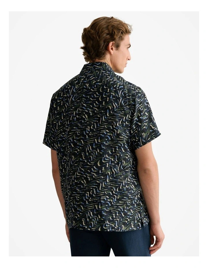 Regular Fit Linen Wave Print Short Sleeve Shirt in Navy image 4