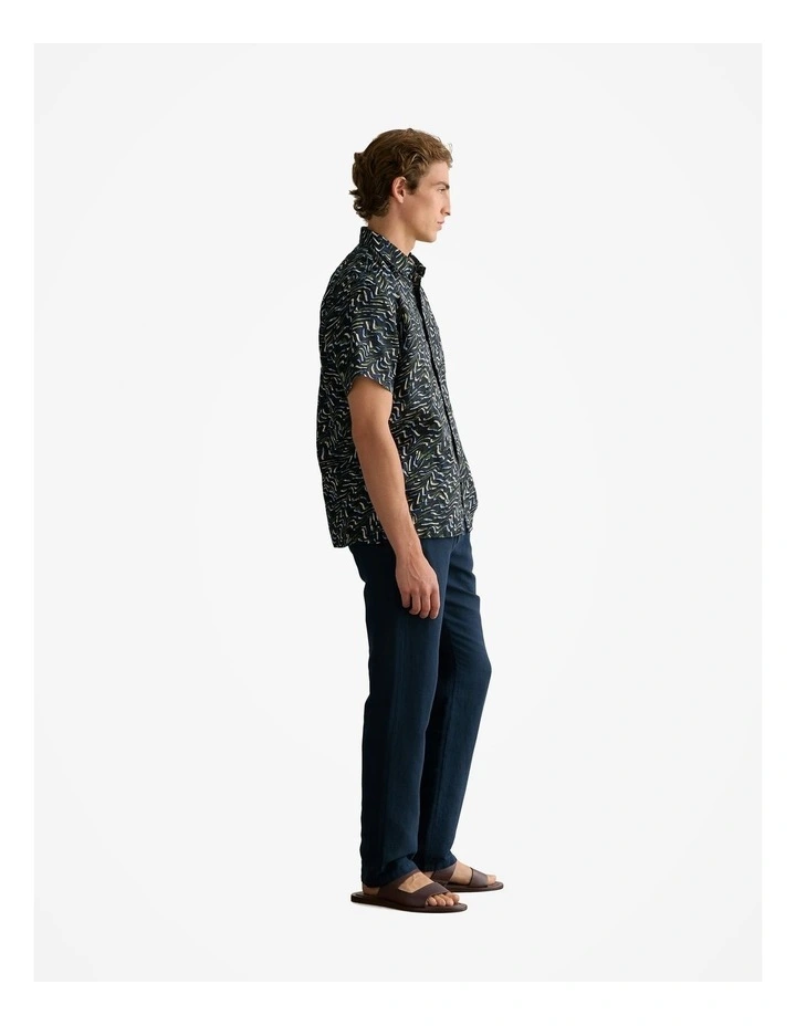 Regular Fit Linen Wave Print Short Sleeve Shirt in Navy image 5