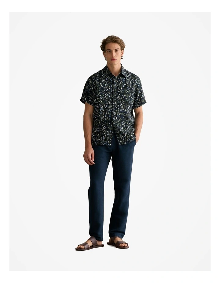 Regular Fit Linen Wave Print Short Sleeve Shirt in Navy image 6