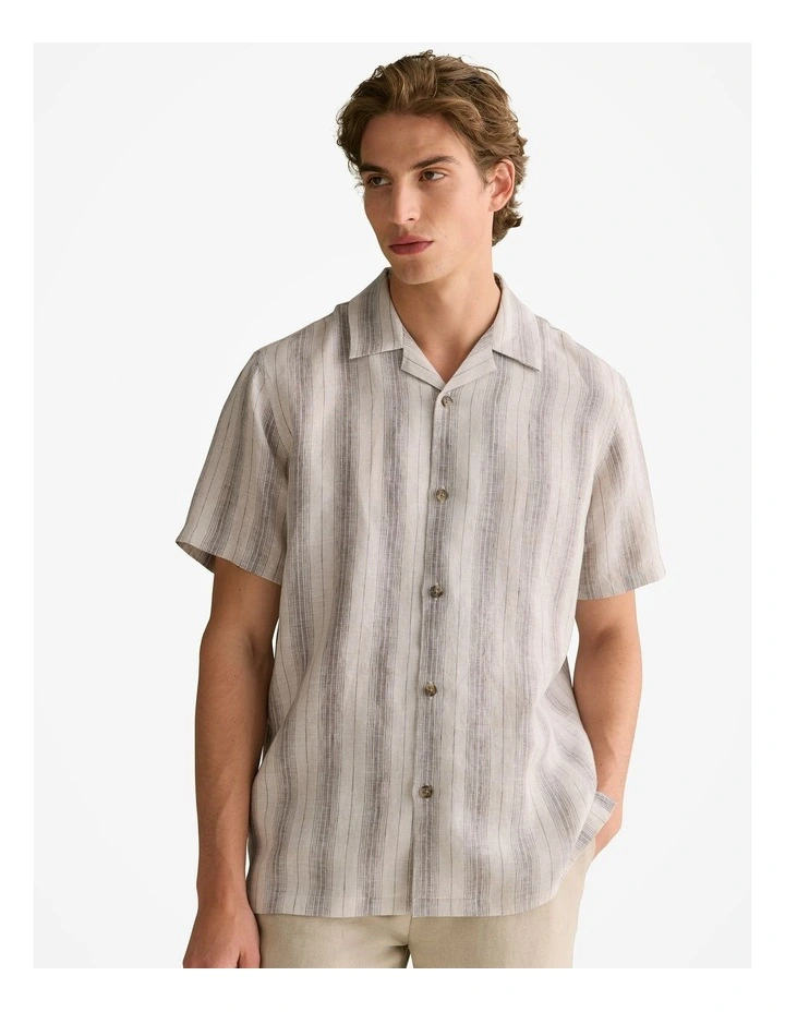 Regular Fit Linen Tonal Stripe Short Sleeve Shirt in Flax image 1