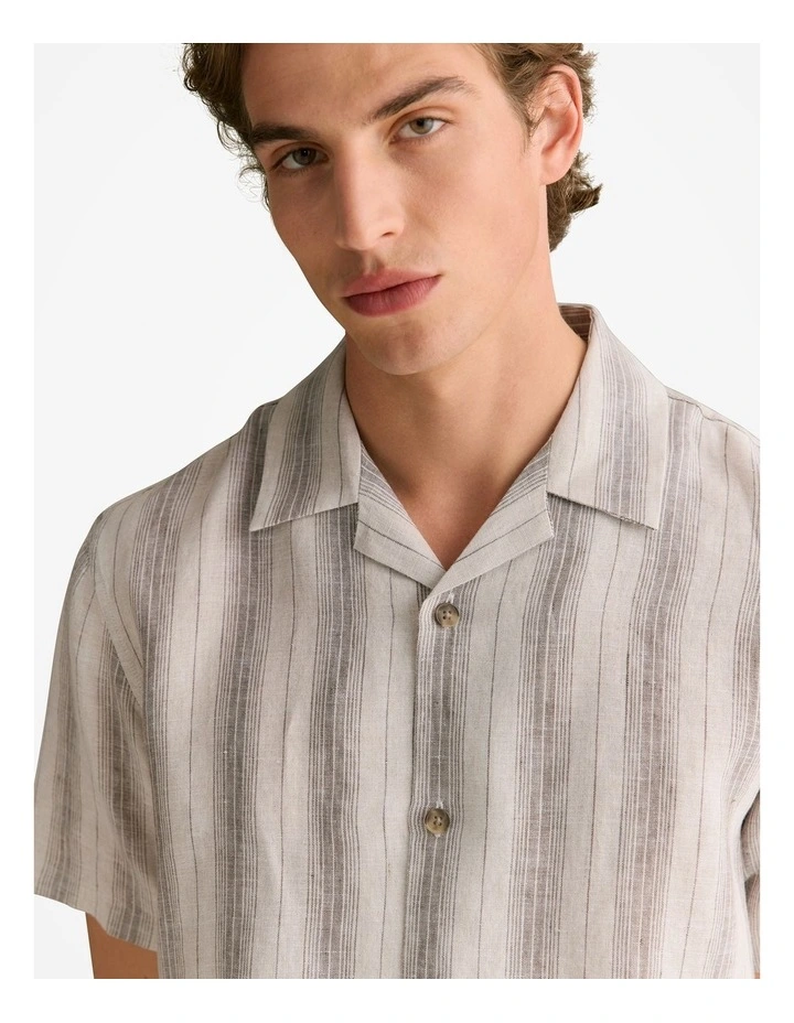 Regular Fit Linen Tonal Stripe Short Sleeve Shirt in Flax image 6