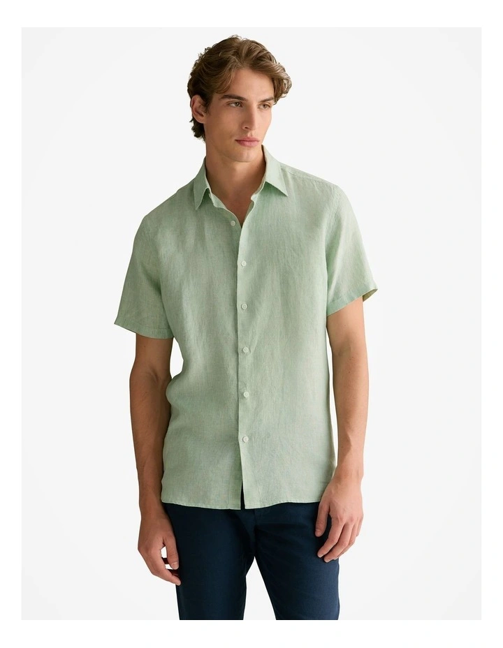 Regular Fit Delave Linen End On End Short Sleeve Shirt in Pale Green image 1