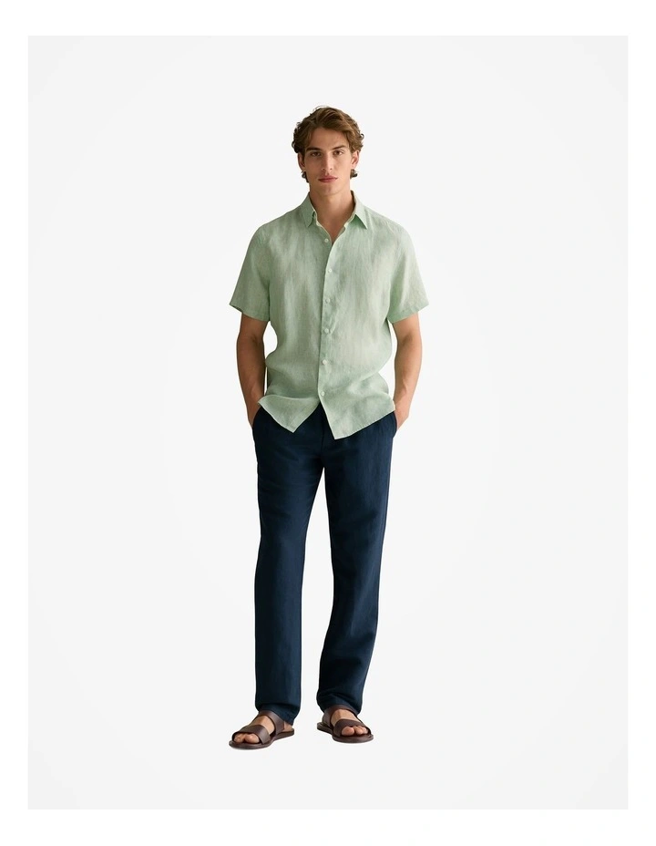 Regular Fit Delave Linen End On End Short Sleeve Shirt in Pale Green image 2