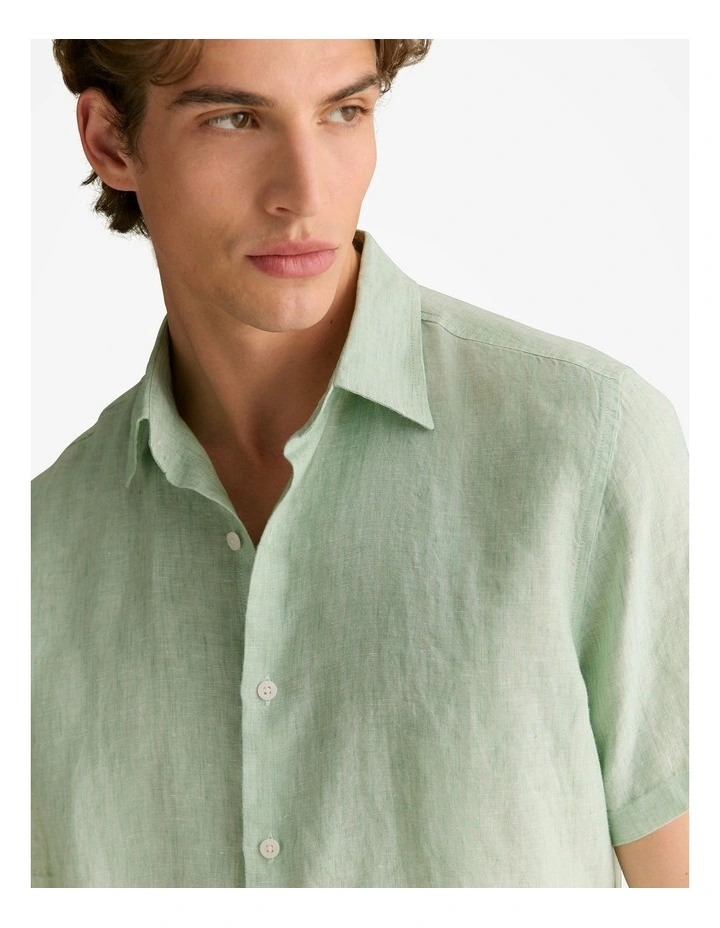 Regular Fit Delave Linen End On End Short Sleeve Shirt in Pale Green image 3
