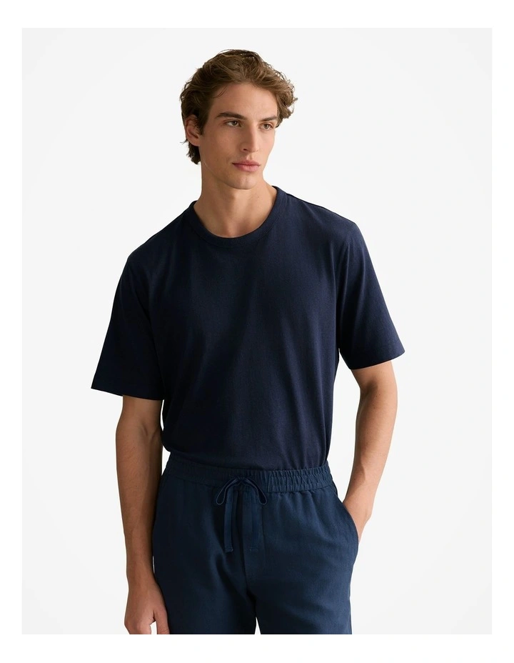Linen Cotton Relaxed Crew T-shirt in Navy image 1