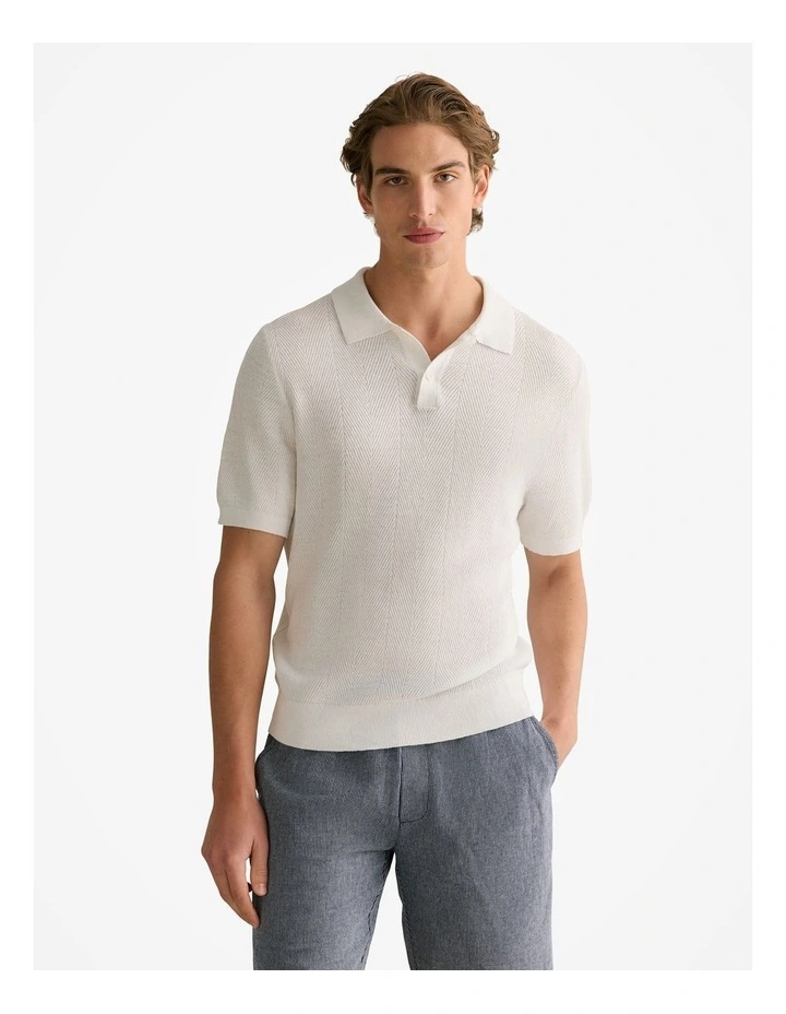 Linen Cotton Textured Stitch Polo in White image 1