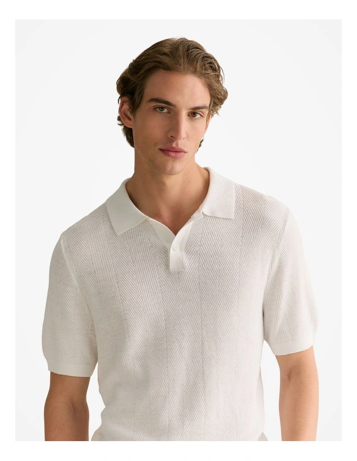 Linen Cotton Textured Stitch Polo in White image 3