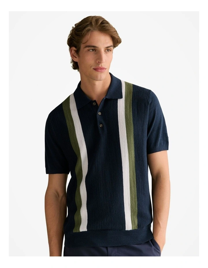 Cotton Linen Textured Stripe Polo in Navy image 1
